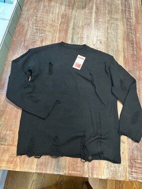 Artfully Distressed Black Relaxed Fit Unisex Crew Neck Sweater